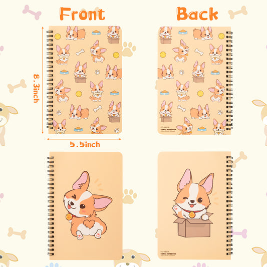 2 A5 Corgi Spiral Notebooks, Cute Corgi College Ruled Notebooks Hardbound Spiral Travel Drawing Journal for Kids Teens, Yellow Funny Corgi Notebooks for Students Teachers Back to School Notepad Diary