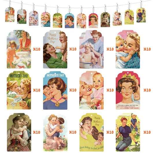 121pcs Vintage Mother's Day Gift Tags, Happy Mother's Day Hanging Tag Paper Label with String Gift Decoration for Mom, Old Style Ornament Envelope Present Wrap, Tree Fireplace Hang Decor