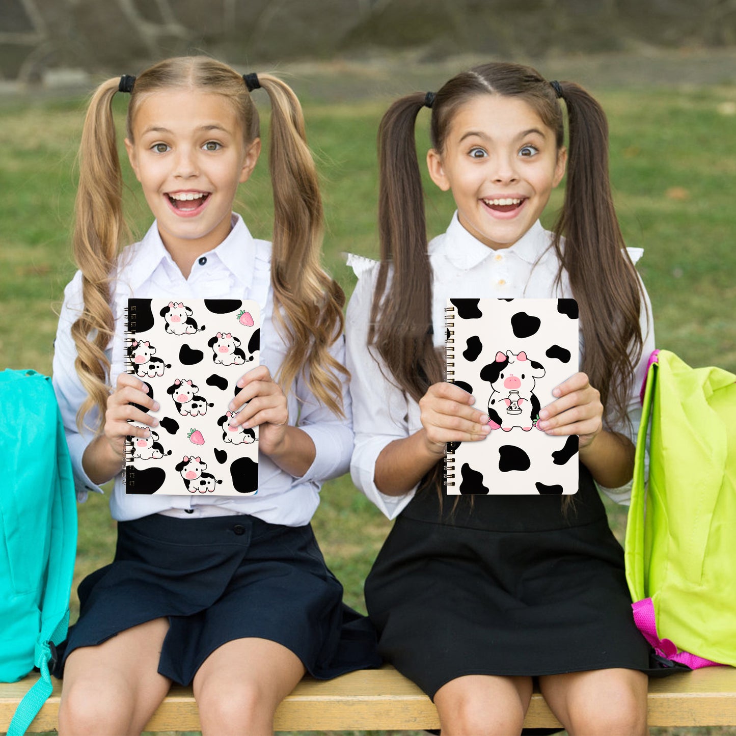 2 A5 Cow Spiral Notebooks, Cute Cow Pink Strawberry Milk College Ruled Notebooks Hardbound Spiral Travel Drawing Journal for Kids Teens, Funny Cow Notebooks for Students Back to School Notepad Diary