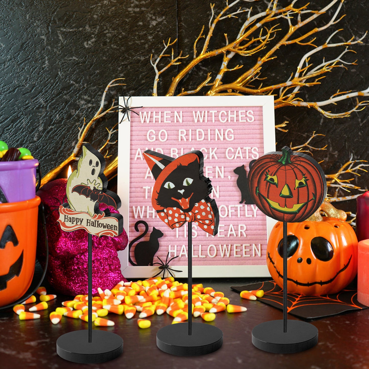 3Pcs Vintage Halloween Wood Tall Standing Block Set, Vintage Halloween Pumpkin Black Cat Ghost Wood Tabletop Ornaments Decorations, Vintage Gift Halloween Party Theme Decoration Home Decor For Family and Friend