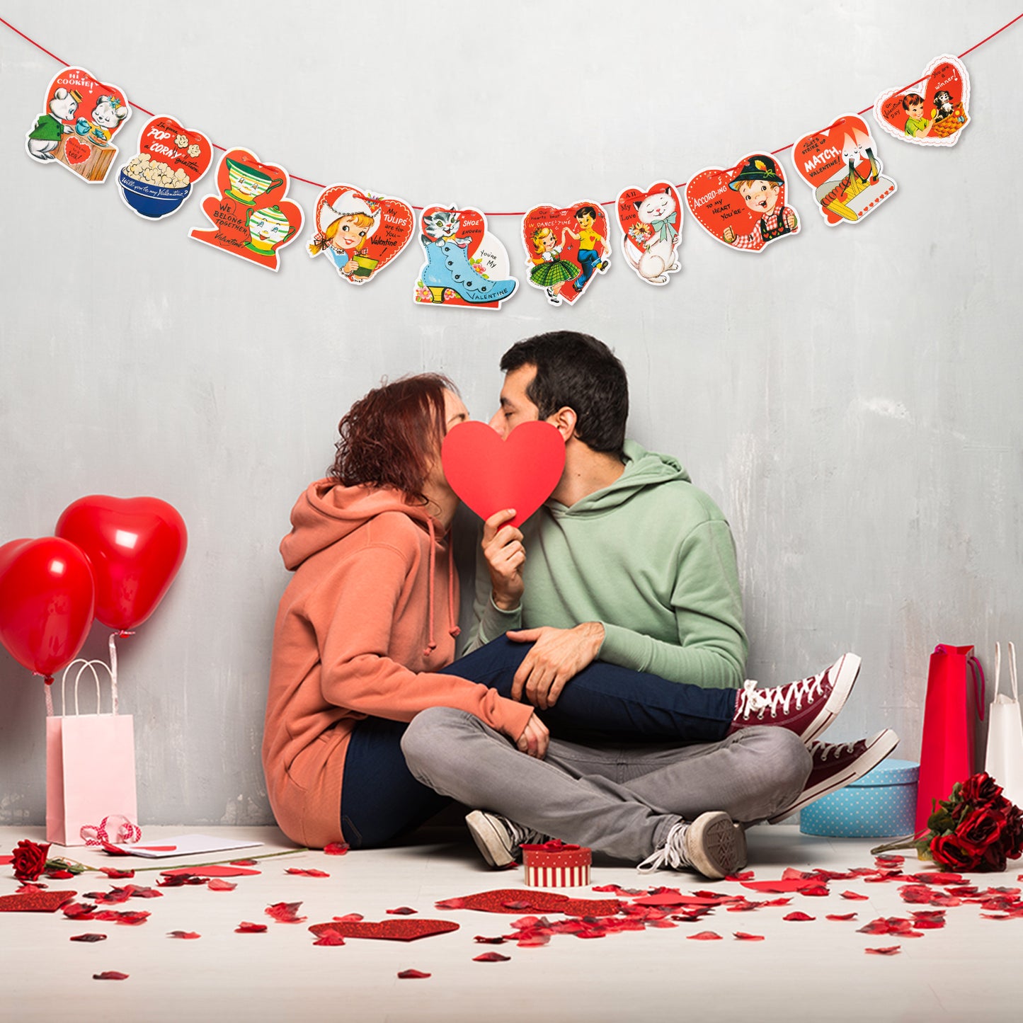 Vintage Valentine’s Day Card Hanging Banner Garlands Decoration ,Valentines Wall Hanging Banner Decor Different 10 Pattern With Rope Valentine's Card Hanging Banner Sign Decor Vintage Theme Party