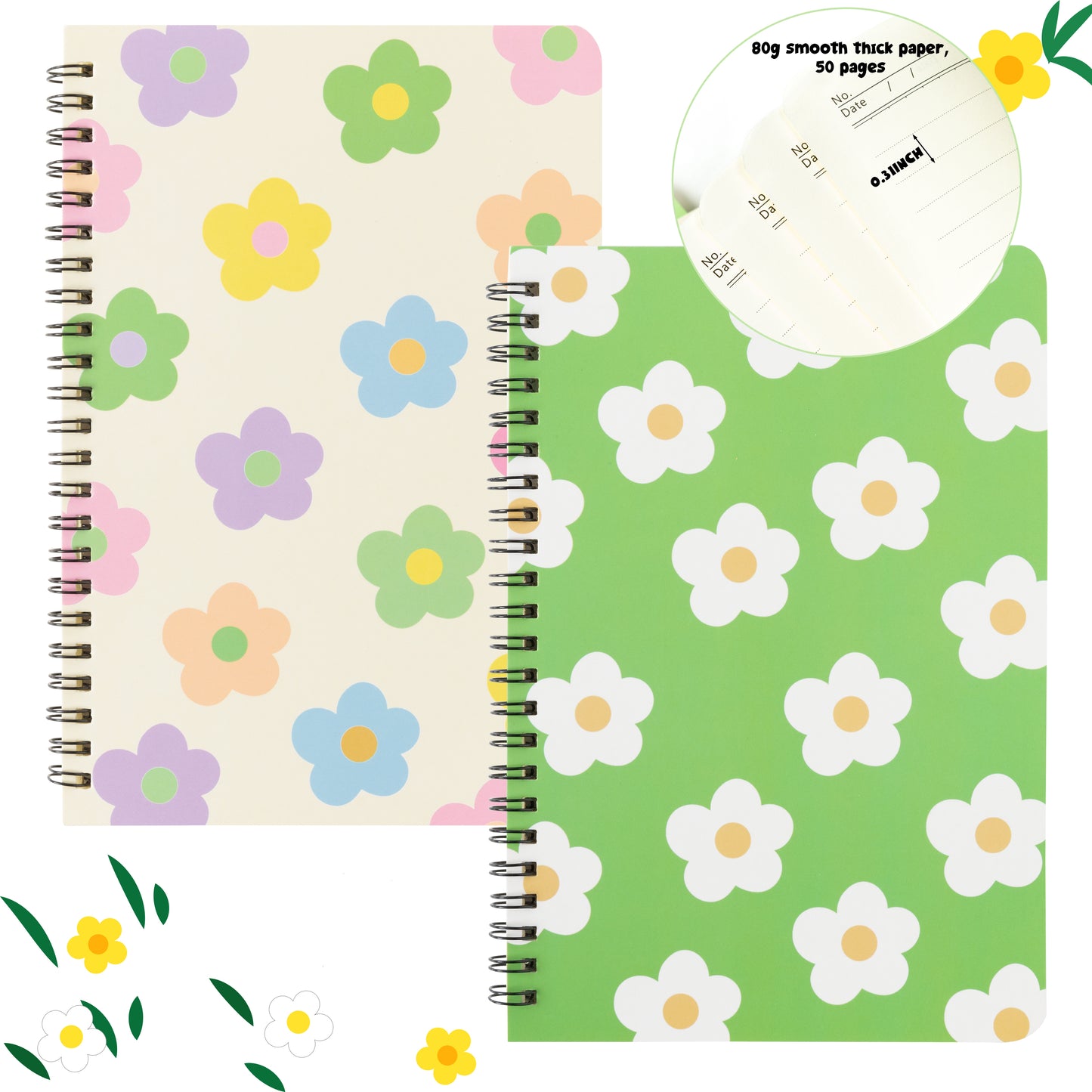 L1rabe 2 Pack Line Spiral Notebooks, A5 Flower Journals Bulk, Travel Journal Set Cute Notebooks for Women, College Ruled, Wirebound Diary Planner Journal School Supplies Students Office