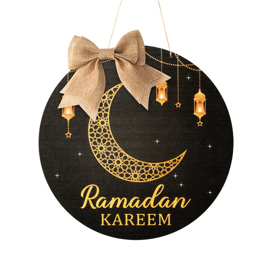 Ramadan Kareem Wreath Wooden Hanging Door Sign Decorations Eid Mubarak Wood Hanging Signs Eid Islam Mubarak Moon Ornament Home Room Wall Door Window Decor Eid Mubarak Party Supplies(Eid Style)