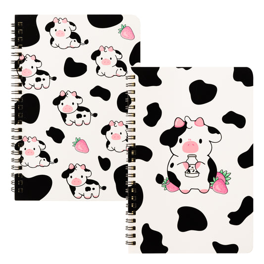 2 A5 Cow Spiral Notebooks, Cute Cow Pink Strawberry Milk College Ruled Notebooks Hardbound Spiral Travel Drawing Journal for Kids Teens, Funny Cow Notebooks for Students Back to School Notepad Diary