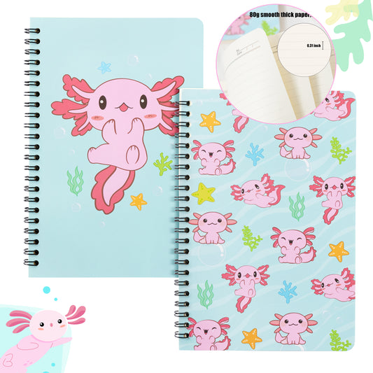 2 A5 Axolotl Lined Journal Notebooks, Spiral Journal for Women 5.5" x 8.4" Cute Axolotl Pattern Notebook Foldable Notebook for Friends Notepad Diary for School Office Work Welcome Back to School Gifts