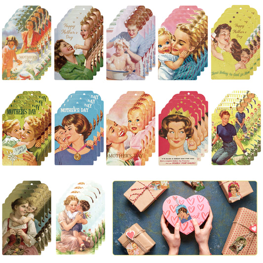 121pcs Vintage Mother's Day Gift Tags, Happy Mother's Day Hanging Tag Paper Label with String Gift Decoration for Mom, Old Style Ornament Envelope Present Wrap, Tree Fireplace Hang Decor