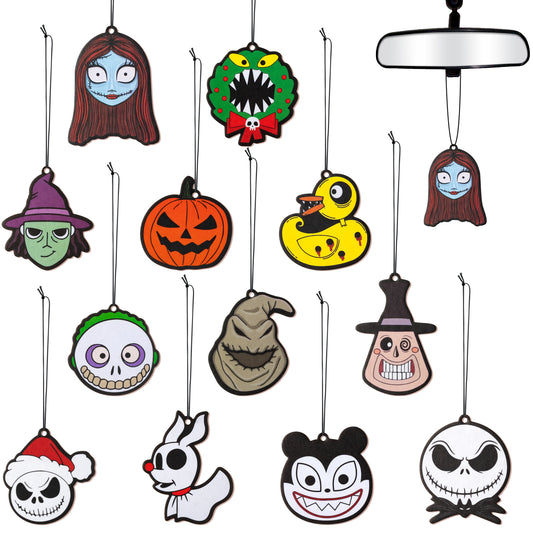 12Pcs Halloween Nightmare Sally Car Air Fresheners, Hanging Air Freshener Fragrance Scented Cards Rearview Mirror Pendant, Halloween Pumpkin Jack Ghost Ghoul Theme Aromatherapy Tablets for Car Bedroom