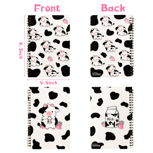 2 A5 Cow Spiral Notebooks, Cute Cow Pink Strawberry Milk College Ruled Notebooks Hardbound Spiral Travel Drawing Journal for Kids Teens, Funny Cow Notebooks for Students Back to School Notepad Diary