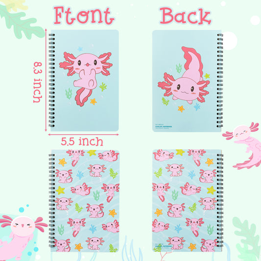 2 A5 Axolotl Lined Journal Notebooks, Spiral Journal for Women 5.5" x 8.4" Cute Axolotl Pattern Notebook Foldable Notebook for Friends Notepad Diary for School Office Work Welcome Back to School Gifts