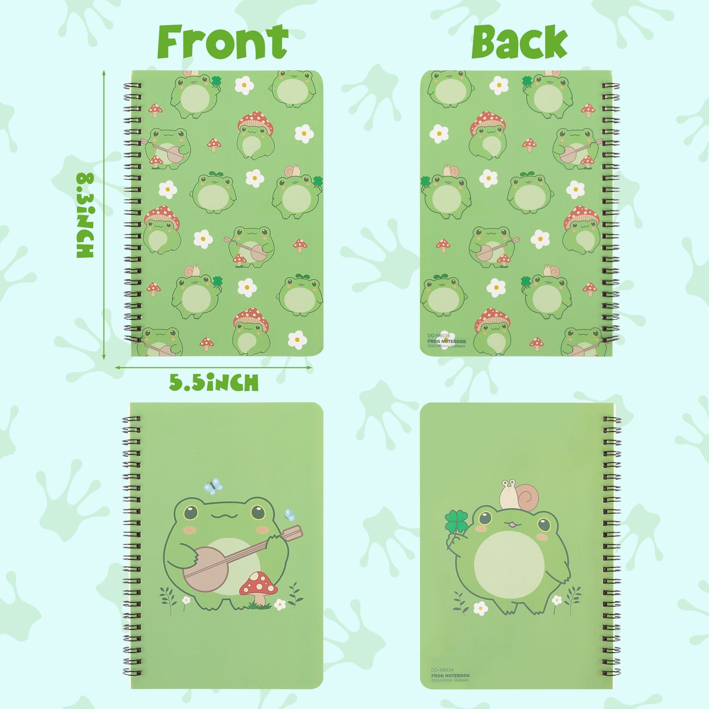 2 A5 Frog Spiral Notebooks, Cute Frog Playing Banjo Mushroom College Ruled Notebooks, Travel Journal Notebooks for Kids Teens, Frog Notebooks for Students Teachers Back to School Write Diary Notepad