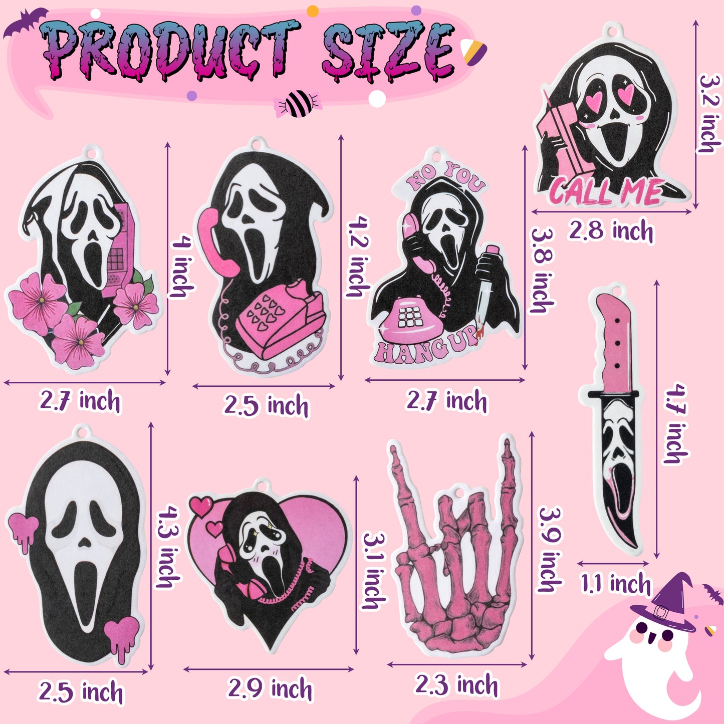 8Pcs Car Air Freshener Halloween Funny Pink Cute Ghost Car Hanging Pendant Pink Ghost Horror Halloween Incense Chips Scented Car Accessories Room Fragrance Ornaments, Halloween Gifts for Women Girls