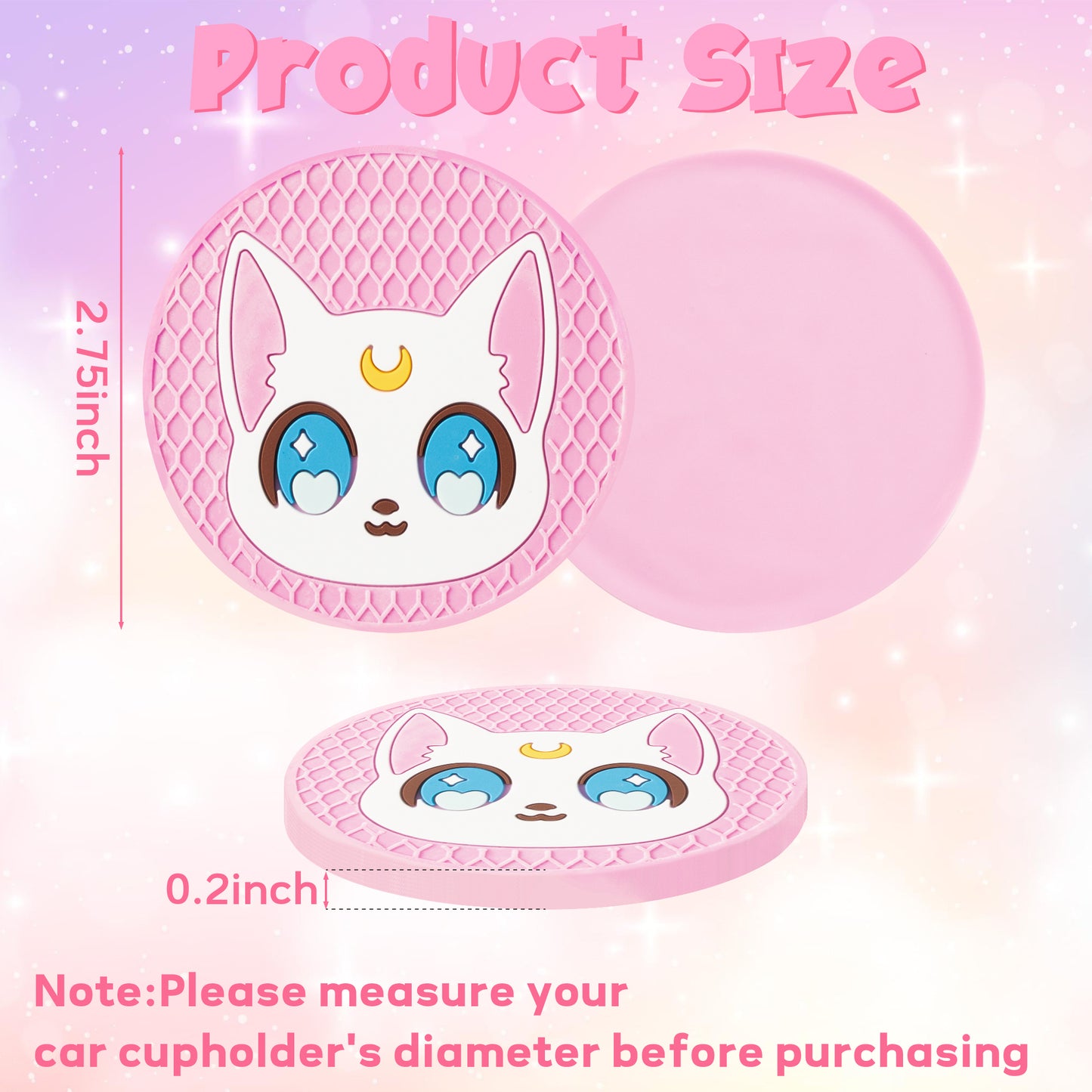 4Pcs Anime Moon Cat Car Cup Coaster Pink Bow Anime Moon Cat Silicone Drink Coasters Non-Slip Heat Resistant Cups Mat Cup Holders Auto Accessories for Teen Girls Pink 2.8 in