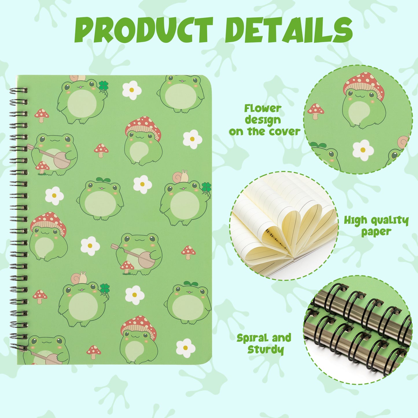 2 A5 Frog Spiral Notebooks, Cute Frog Playing Banjo Mushroom College Ruled Notebooks, Travel Journal Notebooks for Kids Teens, Frog Notebooks for Students Teachers Back to School Write Diary Notepad