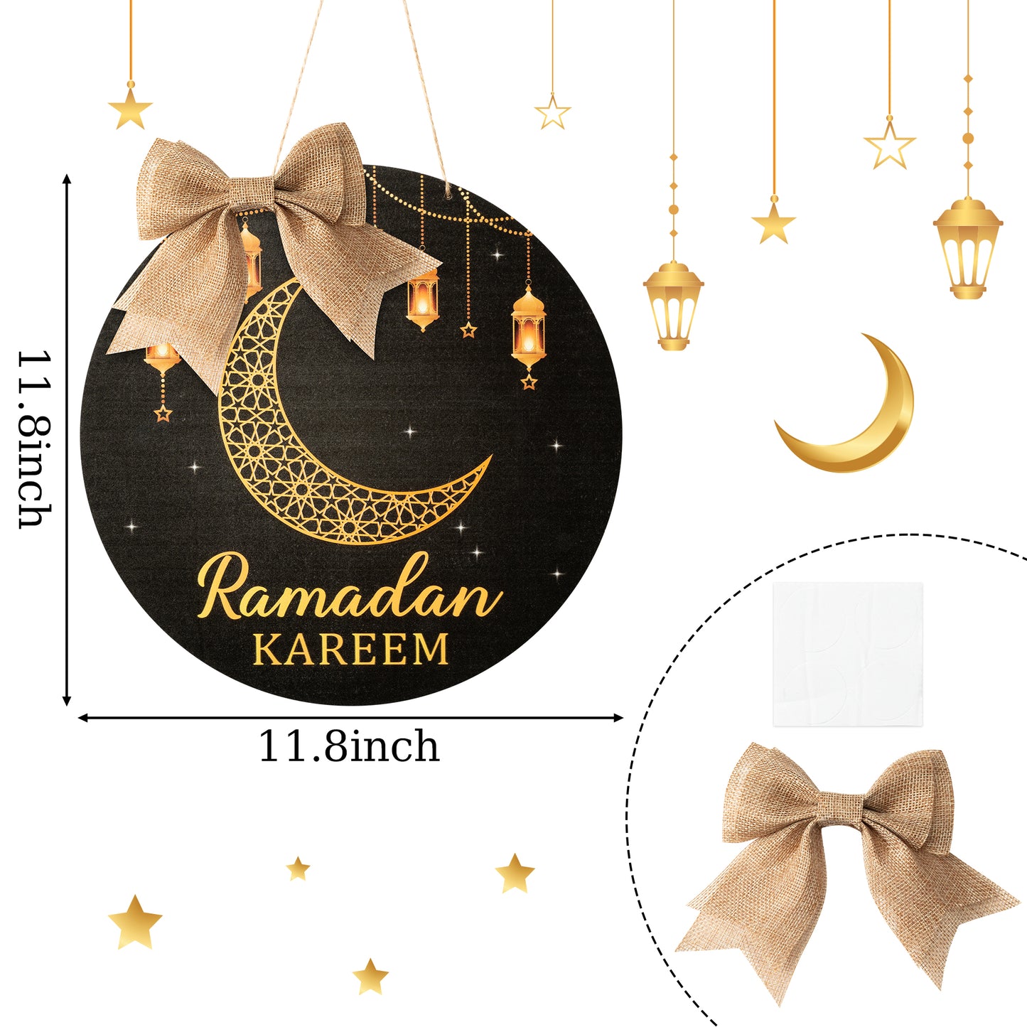 Ramadan Kareem Wreath Wooden Hanging Door Sign Decorations Eid Mubarak Wood Hanging Signs Eid Islam Mubarak Moon Ornament Home Room Wall Door Window Decor Eid Mubarak Party Supplies(Eid Style)