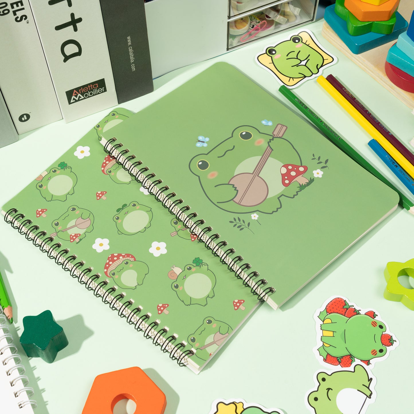 2 A5 Frog Spiral Notebooks, Cute Frog Playing Banjo Mushroom College Ruled Notebooks, Travel Journal Notebooks for Kids Teens, Frog Notebooks for Students Teachers Back to School Write Diary Notepad