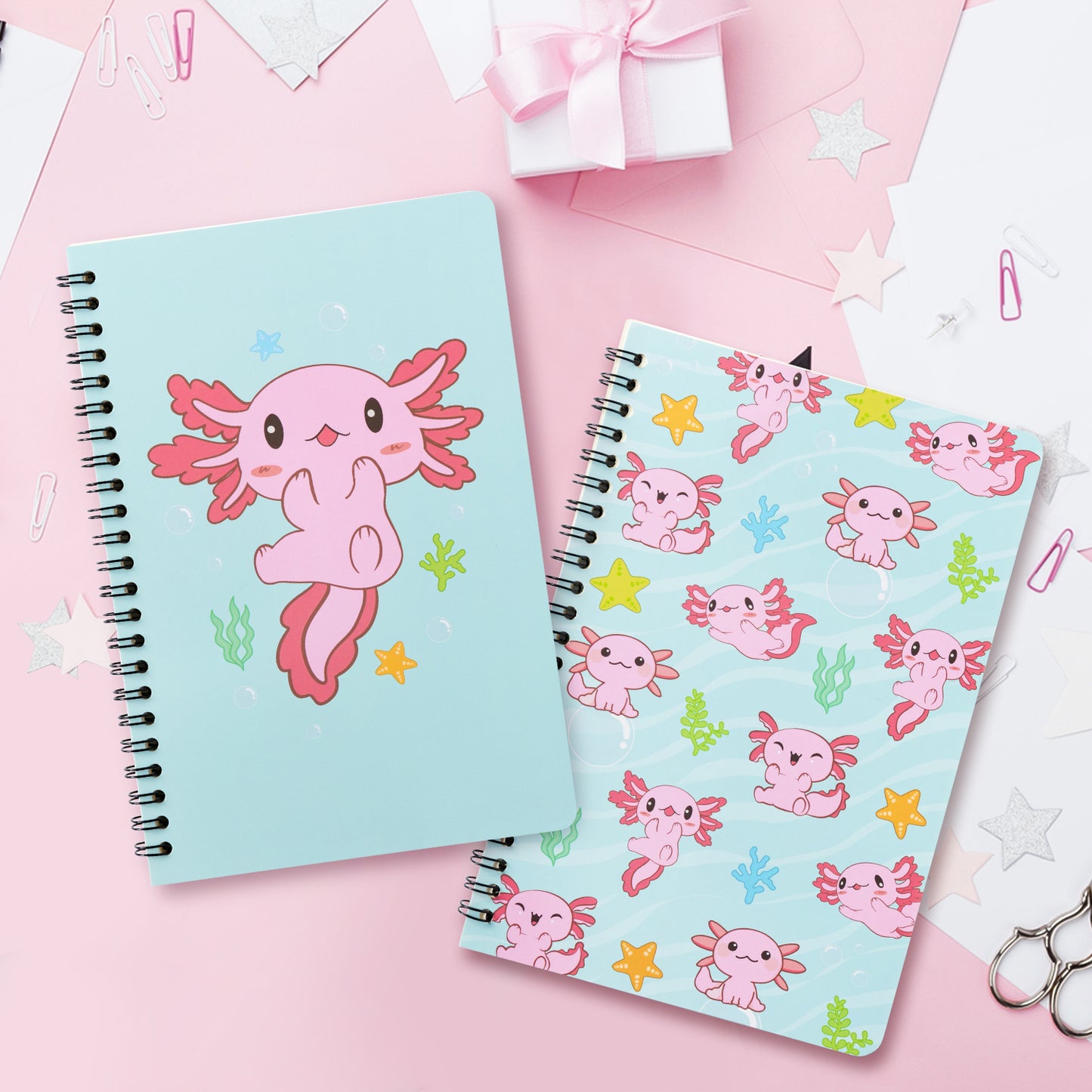 2 A5 Axolotl Lined Journal Notebooks, Spiral Journal for Women 5.5" x 8.4" Cute Axolotl Pattern Notebook Foldable Notebook for Friends Notepad Diary for School Office Work Welcome Back to School Gifts