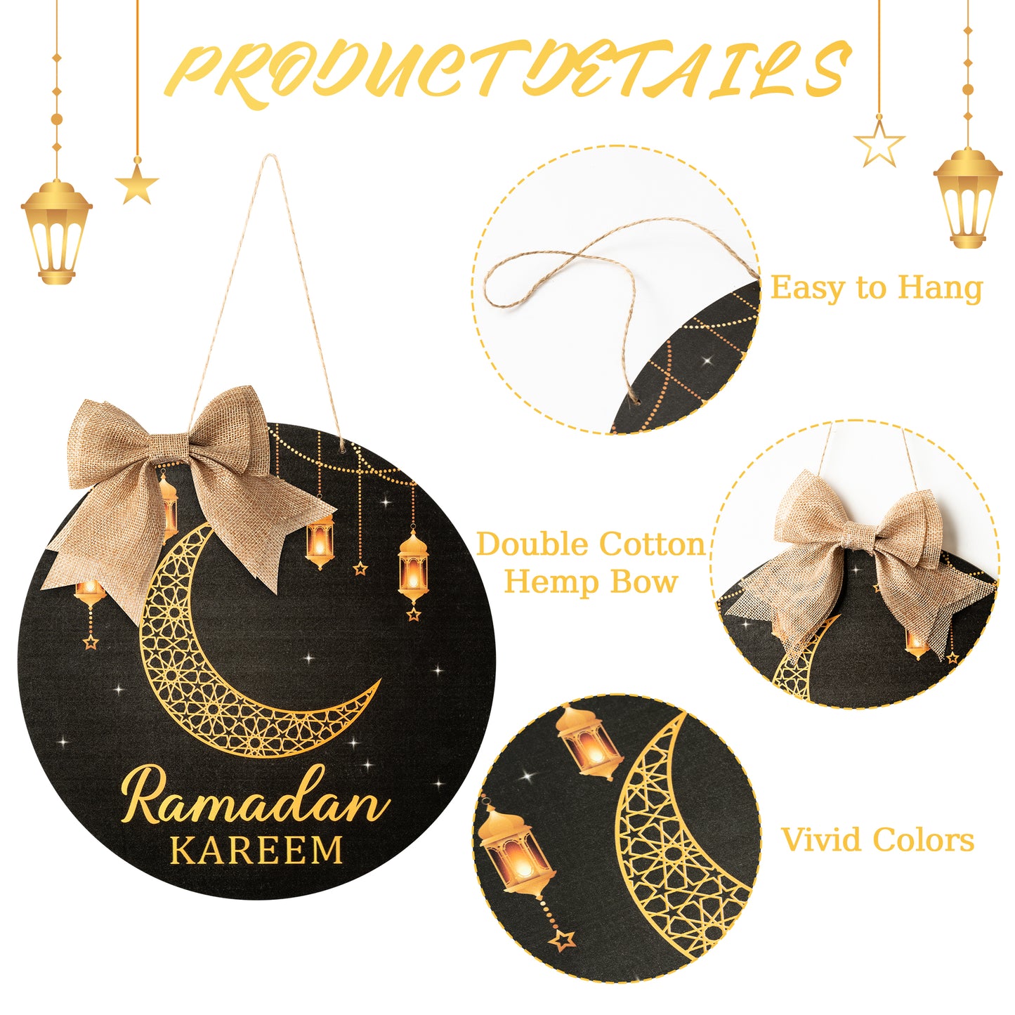 Ramadan Kareem Wreath Wooden Hanging Door Sign Decorations Eid Mubarak Wood Hanging Signs Eid Islam Mubarak Moon Ornament Home Room Wall Door Window Decor Eid Mubarak Party Supplies(Eid Style)