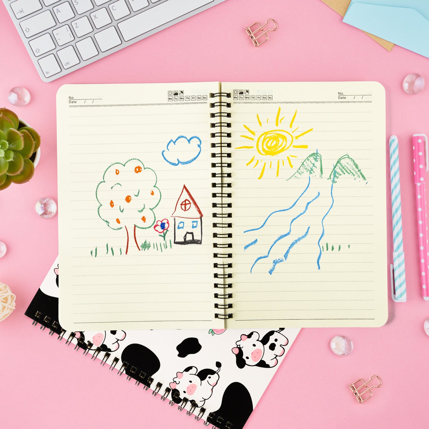 2 A5 Cow Spiral Notebooks, Cute Cow Pink Strawberry Milk College Ruled Notebooks Hardbound Spiral Travel Drawing Journal for Kids Teens, Funny Cow Notebooks for Students Back to School Notepad Diary