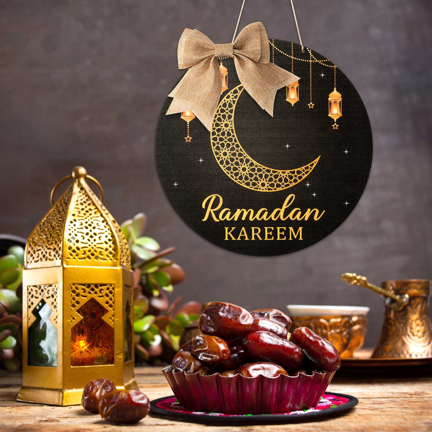 Ramadan Kareem Wreath Wooden Hanging Door Sign Decorations Eid Mubarak Wood Hanging Signs Eid Islam Mubarak Moon Ornament Home Room Wall Door Window Decor Eid Mubarak Party Supplies(Eid Style)