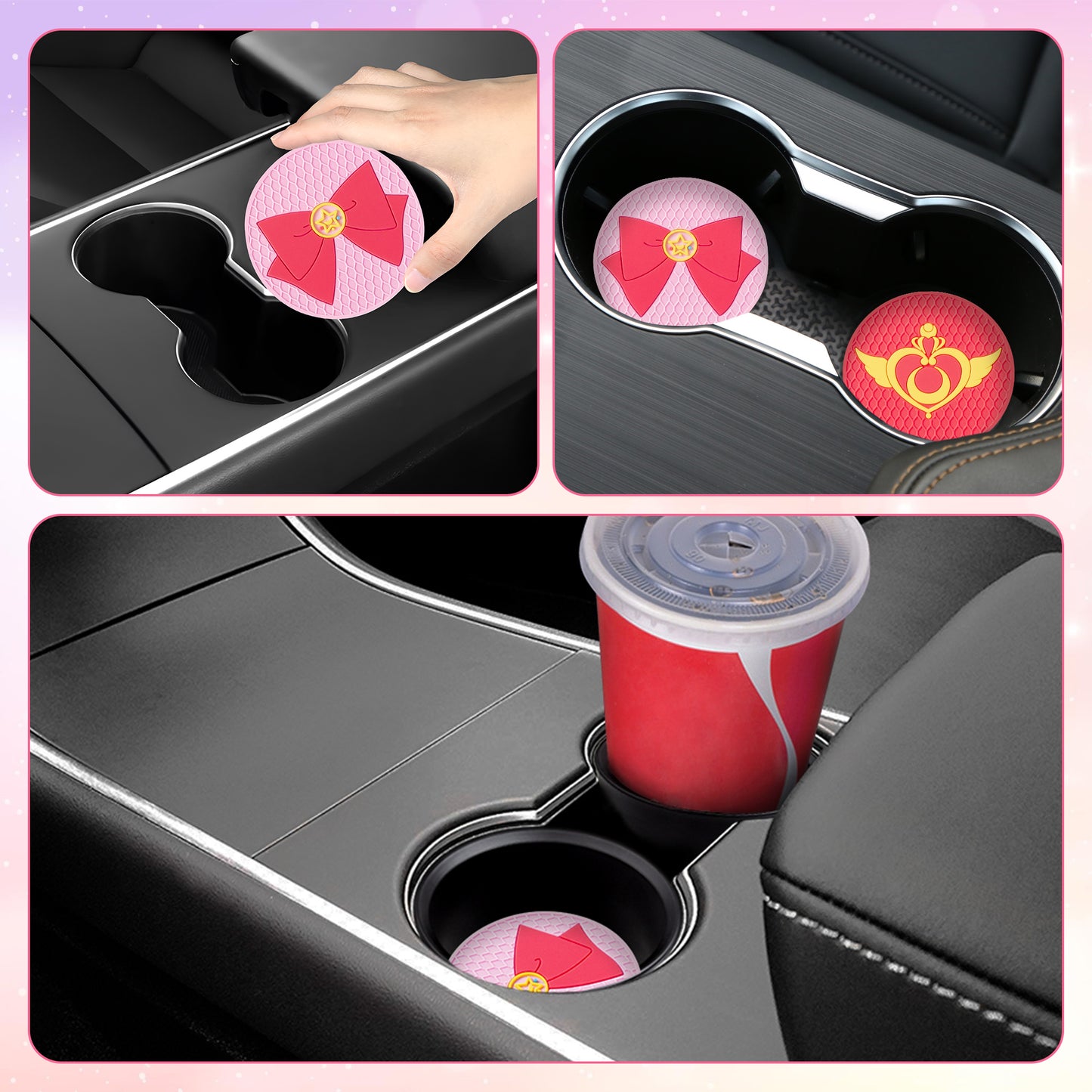 4Pcs Anime Moon Cat Car Cup Coaster Pink Bow Anime Moon Cat Silicone Drink Coasters Non-Slip Heat Resistant Cups Mat Cup Holders Auto Accessories for Teen Girls Pink 2.8 in