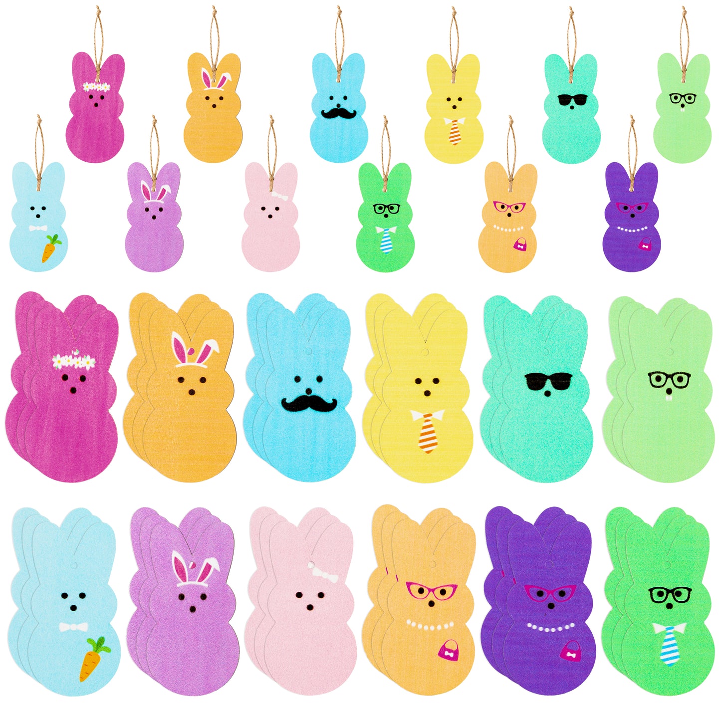 37Pcs Easter Peeps Bunny Wood Ornaments Kit, Multi-Color Spring Easter Bunny Wooden Slices Ornament Decorations with Hanging Rope, Farmhouse Religious Tree for Crafts Easter Party Favor, Easter Gifts