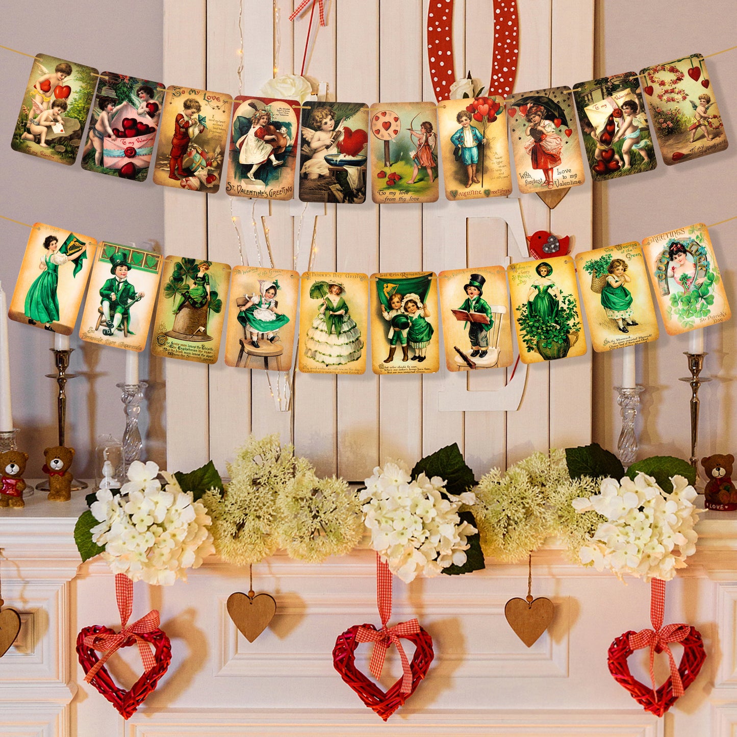 2 Vintage Style Valentine's Day St. Patricks Day Hanging Banner, Party Supplies Hanging Garland Ornaments Cupid Clover Decorations, Valentine Irish Day Sign for Holiday Party Home Wall Window Decor