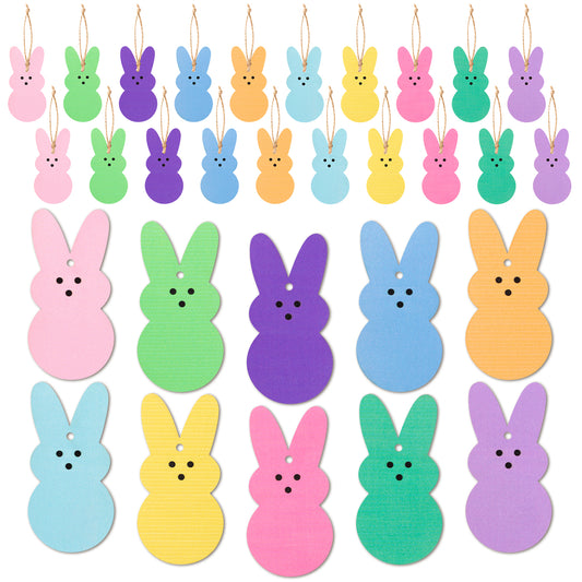 31Pcs Easter Peeps Bunny Wood Ornaments Kit, Multi-Color Easter Bunny Wooden Slices Ornaments Decorations with Hanging Roap for Easter Gift Party Decoration