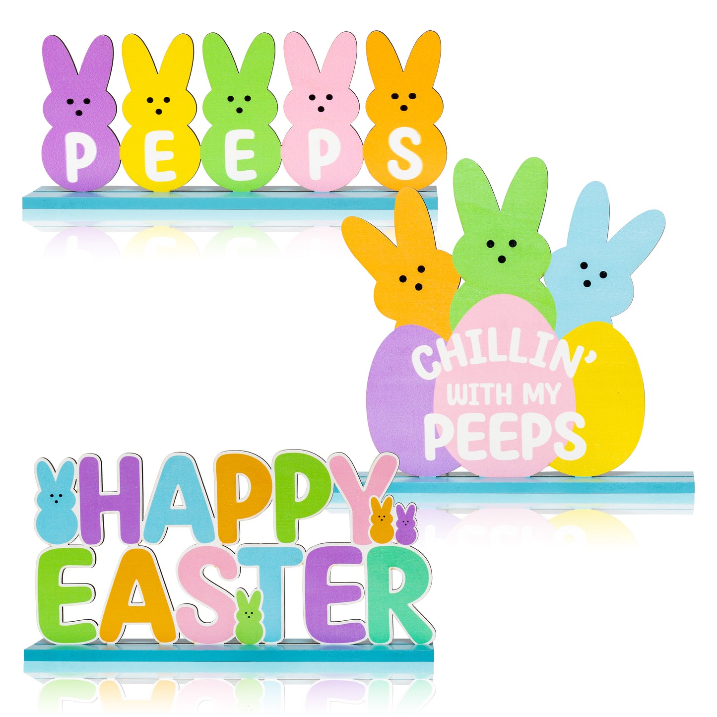 3Pcs Happy Easter Table Decorations Bunny Peeps Sign Happy Egg Hunt Table Centerpieces Bunny Rejoice Sign Wooden Easter Party Decorations Table Ornament for Easter Indoor Party Favors Tiered Tray Home