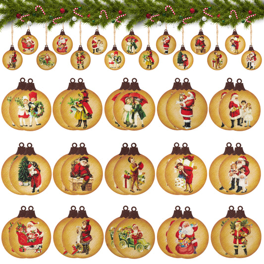 31PCS Christmas Tree Round Hanging Ornament, Christmas Vintage Wood Pendant Decoration with Rope, Xmas Themed Party Decorations for Boys Girls Adults, Traditional Style Home Holiday Decor