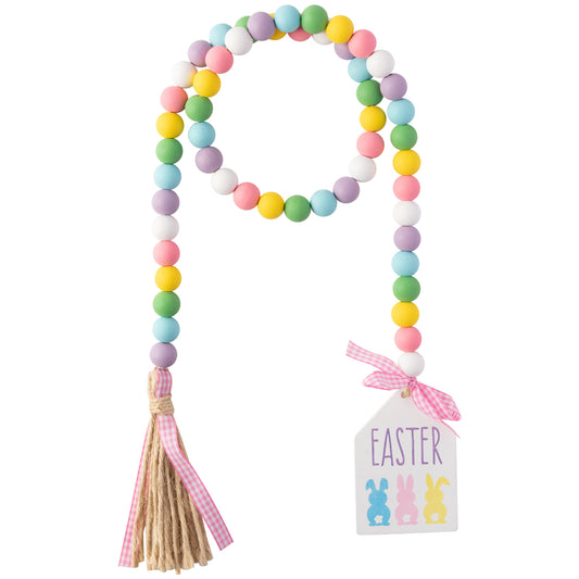 Easter Bunny Farmhouse Wood Bead Garland, 54Pcs Wood Bead with Six Color Wood Bead Garland Farmhouse Rustic Beads with Jute Rope Plaid Tassel Natural Wood Beads Decor for Easter New Year