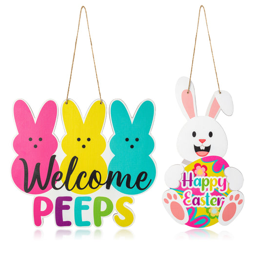 2Pcs Easter Wooden Front Door Sign Decorations, Easter Wall Wooden Door Welcome Peeps And Happy Easter Decor Easter Front Door Sign Decor Easter Indoor Outdoor Decorations