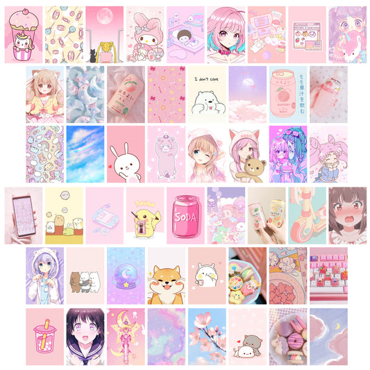 50pcs Kawai Anime Aesthetic Picture Wall Collage Kit, Pink Cartoon Assembled Print Card Set, Dorm Photo Poster Display, Trendy Style Art Print Photo Collection, Sweet Room Cute Decor For Teen Girls