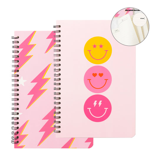 2 A5 Preppy Spiral Notebooks for Kids Teens, Y2K Hardbound Spiral Journal for Student Happy Smile Hardcover Notebook, Pink Wire Bound Spiral Notebook Friends Gift Notepad Diary for School Office Work