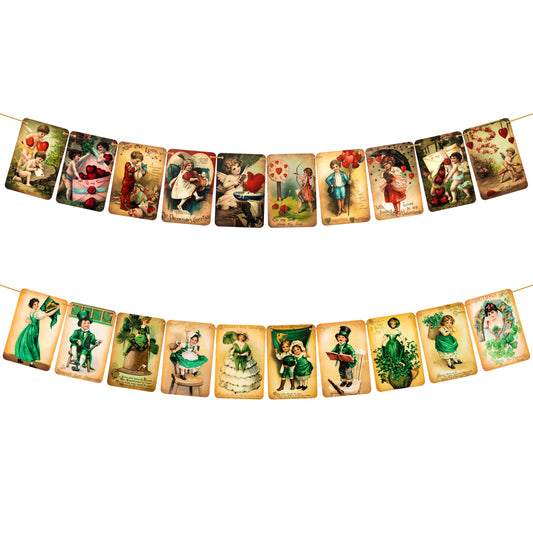 2 Vintage Style Valentine's Day St. Patricks Day Hanging Banner, Party Supplies Hanging Garland Ornaments Cupid Clover Decorations, Valentine Irish Day Sign for Holiday Party Home Wall Window Decor