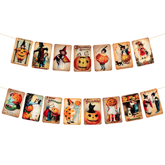 2Pcs Vintage Halloween Victorian Style Card Hanging Banner Garlands Decoration ,Halloween Wall Hanging Banner Decor Different 15 Pattern With Rope Halloween Card Hanging Banner Sign Decor Vintage Theme Party Indoor Outdoor Decorations