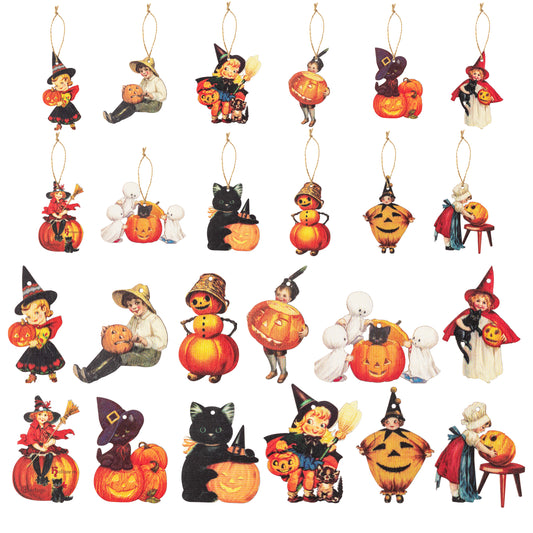 37Pcs Halloween Wooden Hanging Ornaments Wooden Pumpkin Black Cat Witch Hat Ghost Ornaments Halloween Wood Hanging Signs Halloween Wooden Decors with Rope for Party Decoration (Vintage Style)