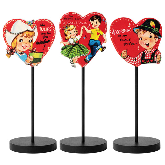 3Pcs Vintage Valentines Wood Tall Standing Block Set, Vintage Old Style Valentine's Day Heart-Shaped Table Sign Decorations Traditional Valentines Tier Tray Decor, Wedding Anniversary Party Supplies