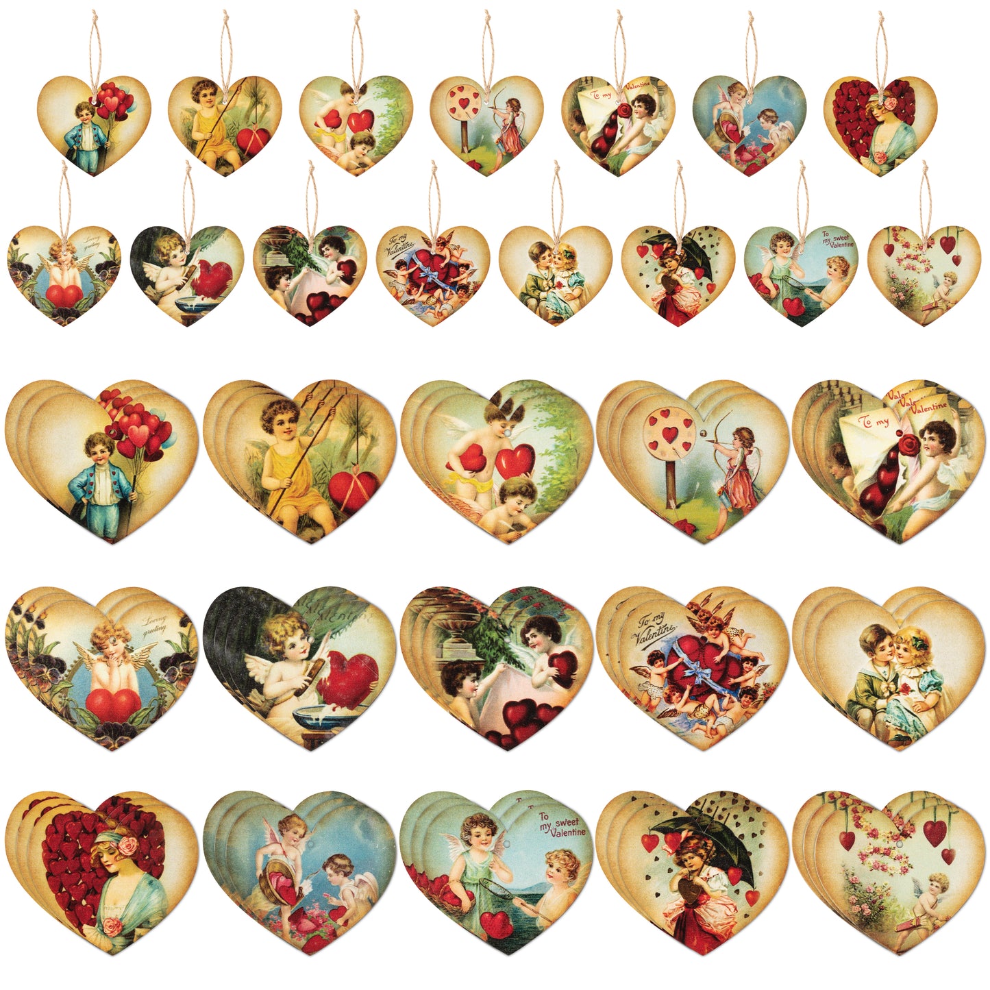 46Pcs Valentine's Day Heart Hanging Decoration, Valentine Vintage Style Wooden Ornaments Heart-Shape Pendant Decor with Hemp Rope, Engagement Anniversary Wedding Party Supplies Decorations