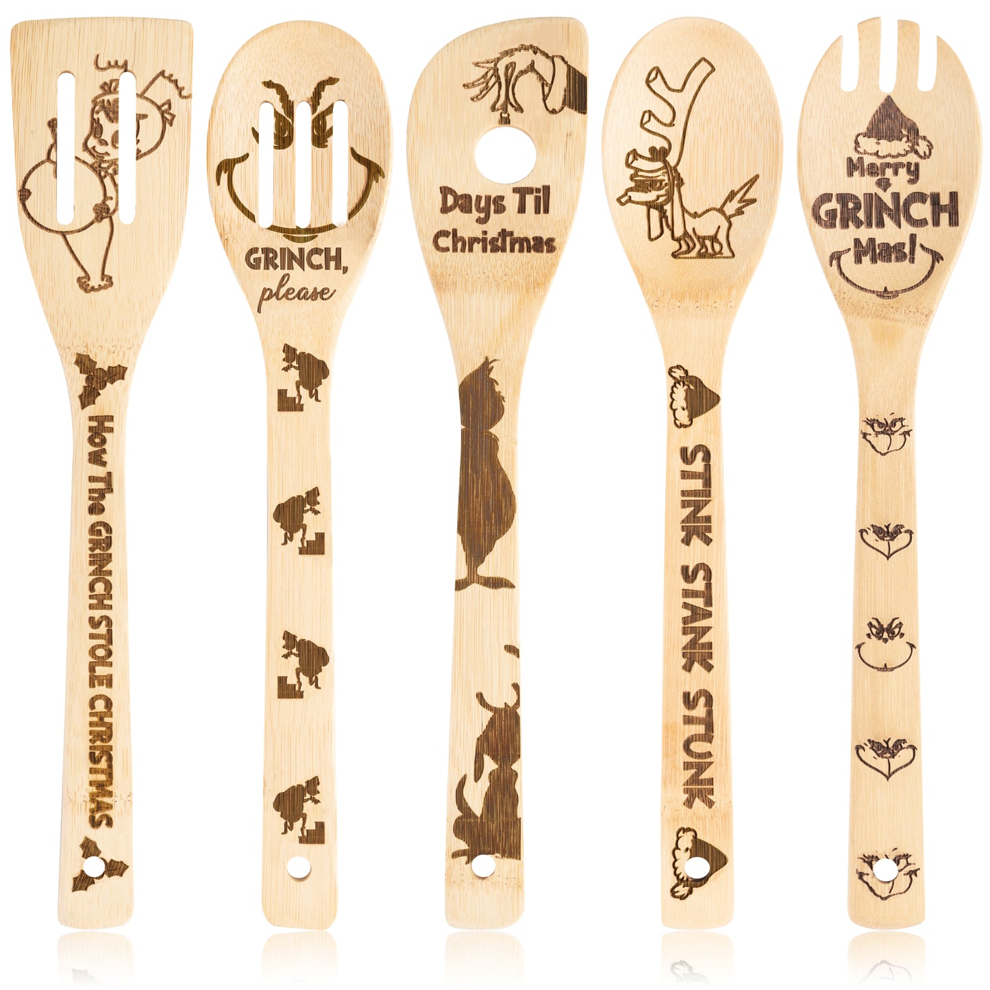 5Pcs Green Christmas Monster Wooden Spoons for Cooking & Serving Set - Cooking Engraved Patterns are Suitable for Kitchen, Great Kitchen Gifts for Christmas, Halloween, Birthday Gift