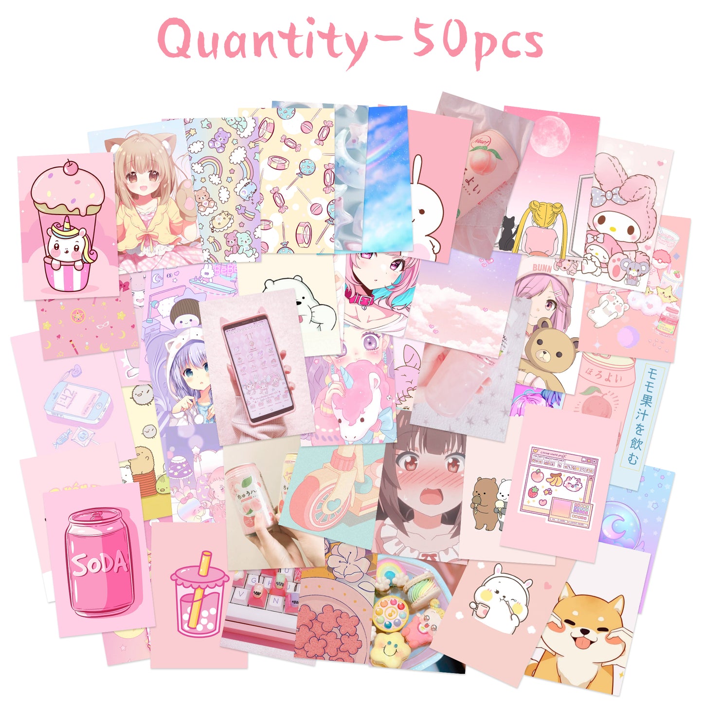 50pcs Kawai Anime Aesthetic Picture Wall Collage Kit, Pink Cartoon Assembled Print Card Set, Dorm Photo Poster Display, Trendy Style Art Print Photo Collection, Sweet Room Cute Decor For Teen Girls