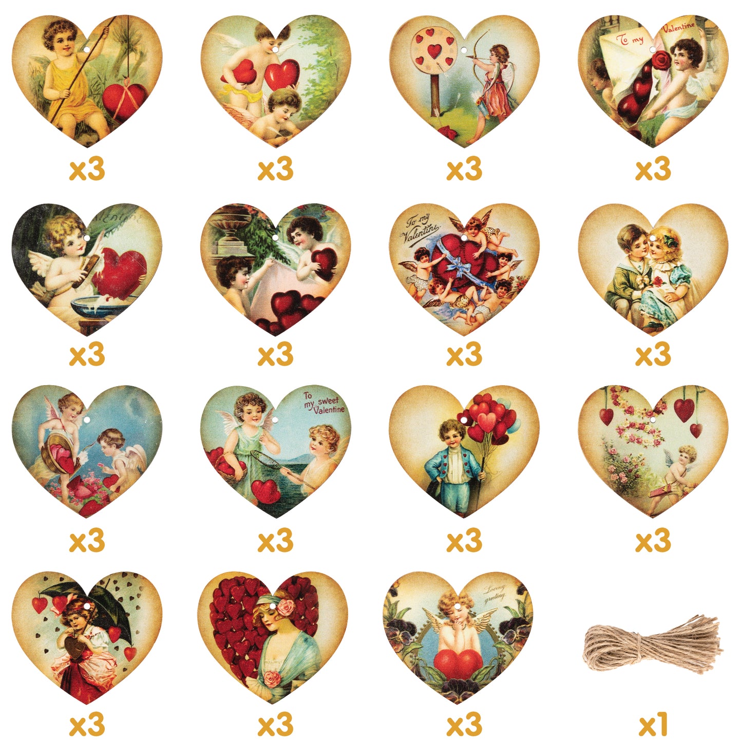 46Pcs Valentine's Day Heart Hanging Decoration, Valentine Vintage Style Wooden Ornaments Heart-Shape Pendant Decor with Hemp Rope, Engagement Anniversary Wedding Party Supplies Decorations