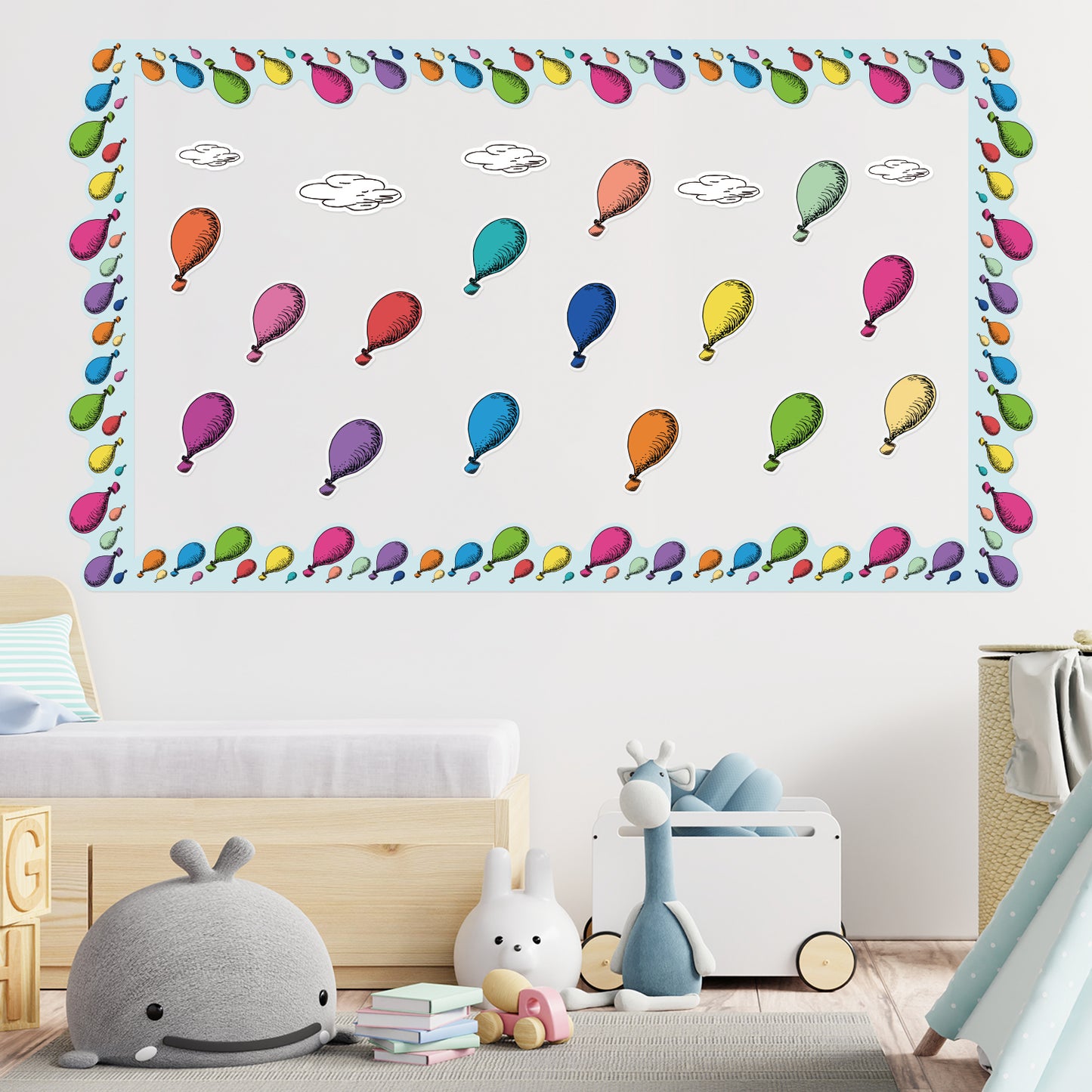 93PCS Colorful Hot Air Balloons Wall Decals Decoration Set, Back to School Stickers Bulletin Board Cut Outs Classroom Decoration DIY Crafts for Kids, Removable Stickers for Bedroom Nursery Decoration