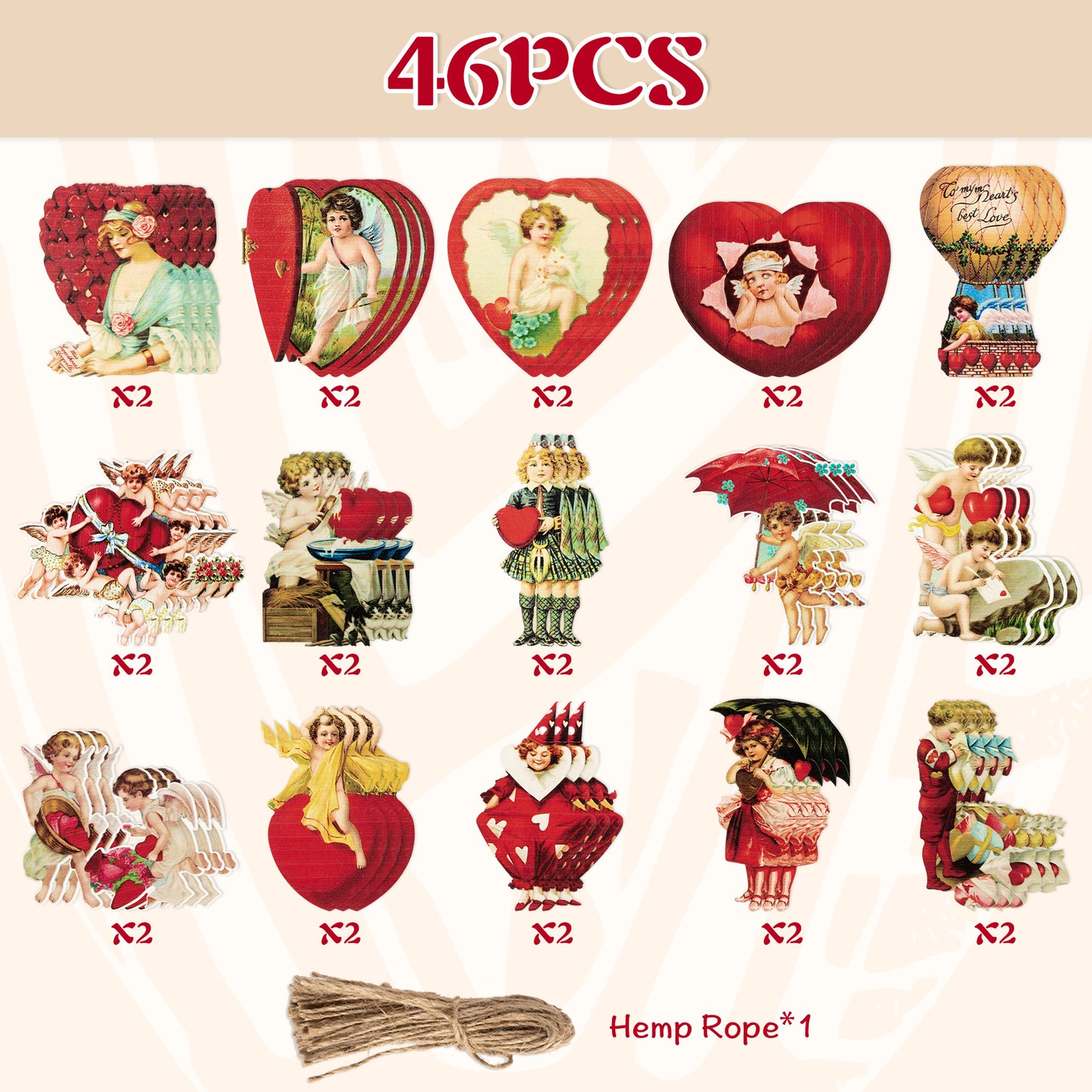 46Pcs Valentine's Day Vintage Wooden Hanging Ornament Decorations, Valentine Heart Shape Gnome Cupid Victoria Style Hanging Decoration, Wedding Anniversary Engagement Decor Party Supplies Gift…