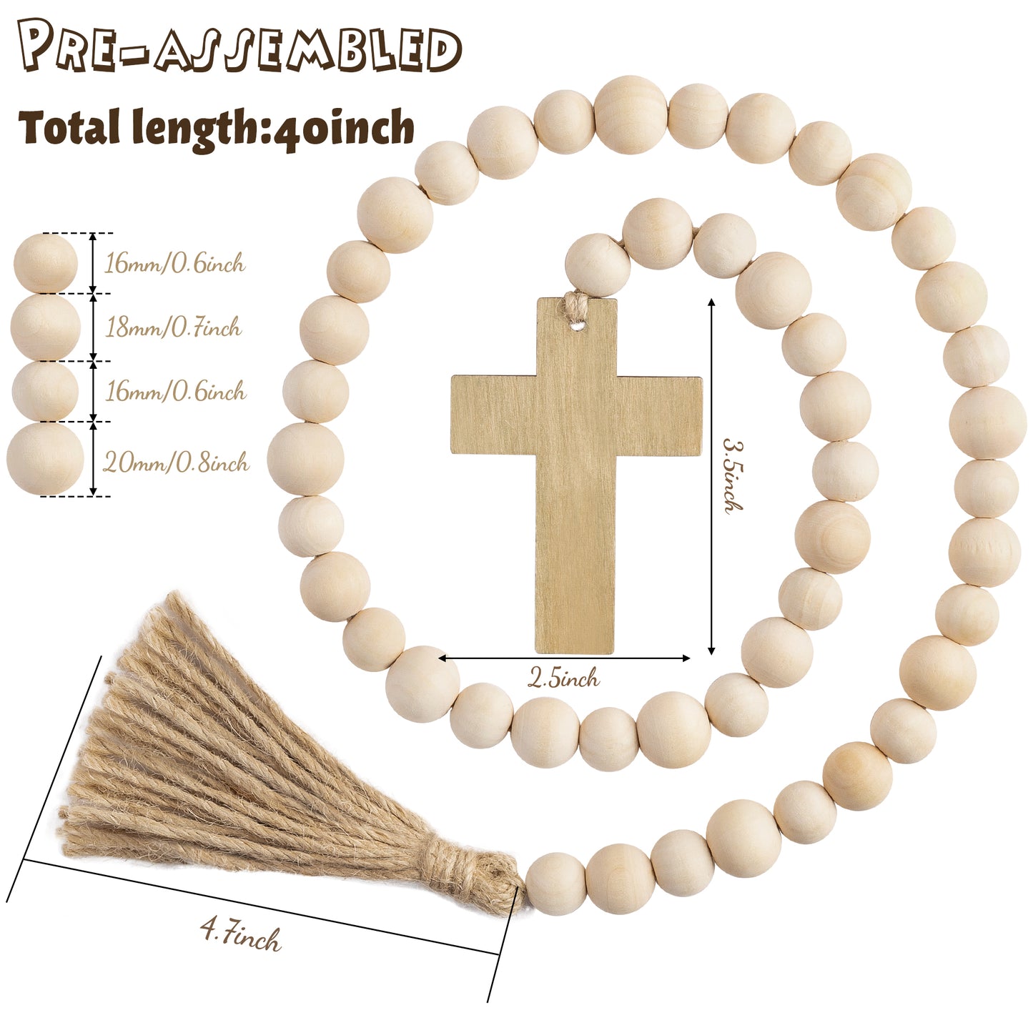 Christmas Party Favor Jesus Cross Wood Bead Garland, 47Pcs Wood Bead with Wood Color Wood Bead Garland Farmhouse Rustic Beads with Jute Rope Plaid Tassel Natural Wood Beads Decor for Christmas