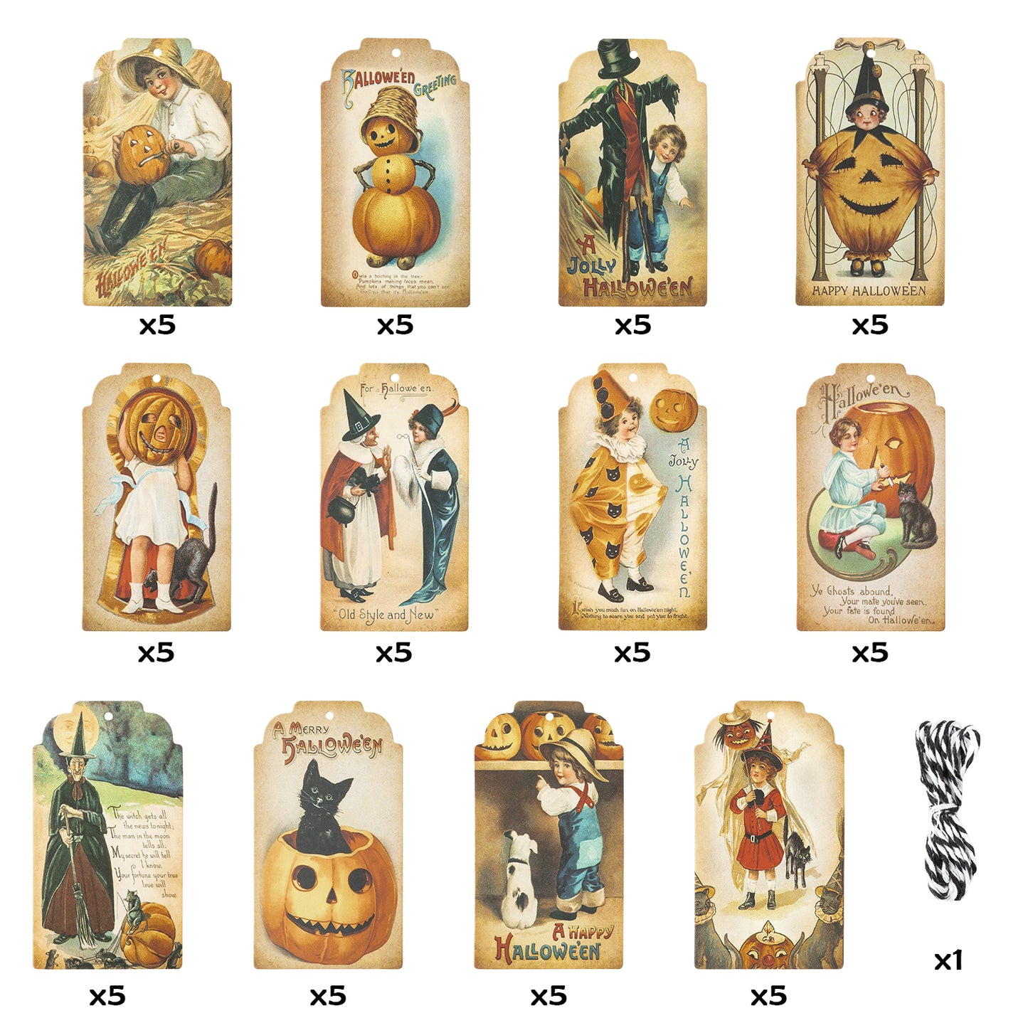 61Pcs Vintage Halloween Paper Old Style Victorian Gift Tags DIY Halloween Present Wrap Mini Pumpkin Witch Hat Ghost Ornaments Halloween Gift Tag Decors with Rope for Party Decoration (Vintage Style)