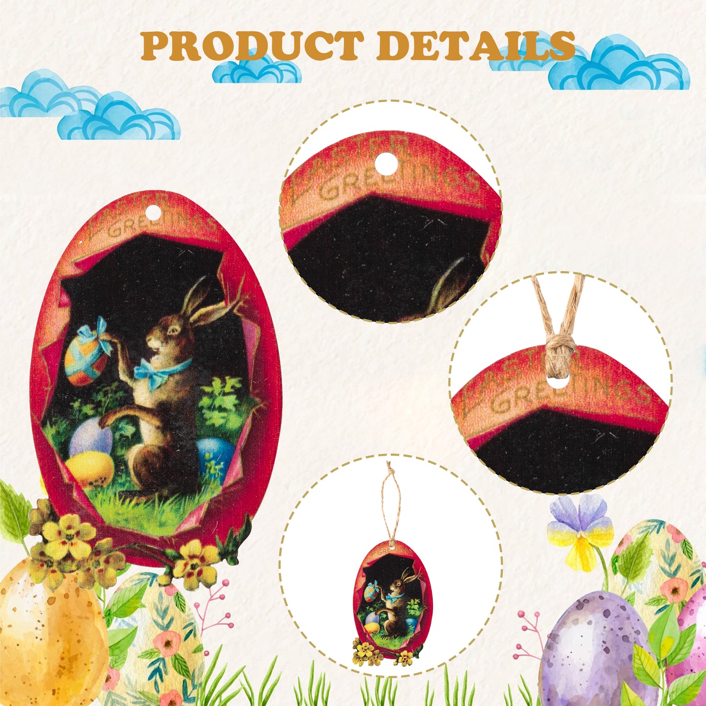 46PCS Easter Wooden Hanging Ornaments with Ropes, Vintage Style Wood Easter Hanging Decorations DIY Crafts, Egg Bunny Rabbit Spring Easter Decor Party Supplies Home Door Wall Tree Decoration