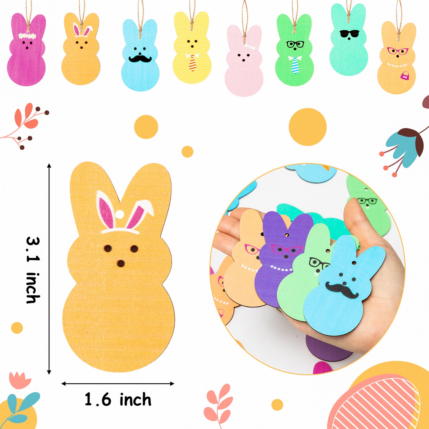 37Pcs Easter Peeps Bunny Wood Ornaments Kit, Multi-Color Spring Easter Bunny Wooden Slices Ornament Decorations with Hanging Rope, Farmhouse Religious Tree for Crafts Easter Party Favor, Easter Gifts