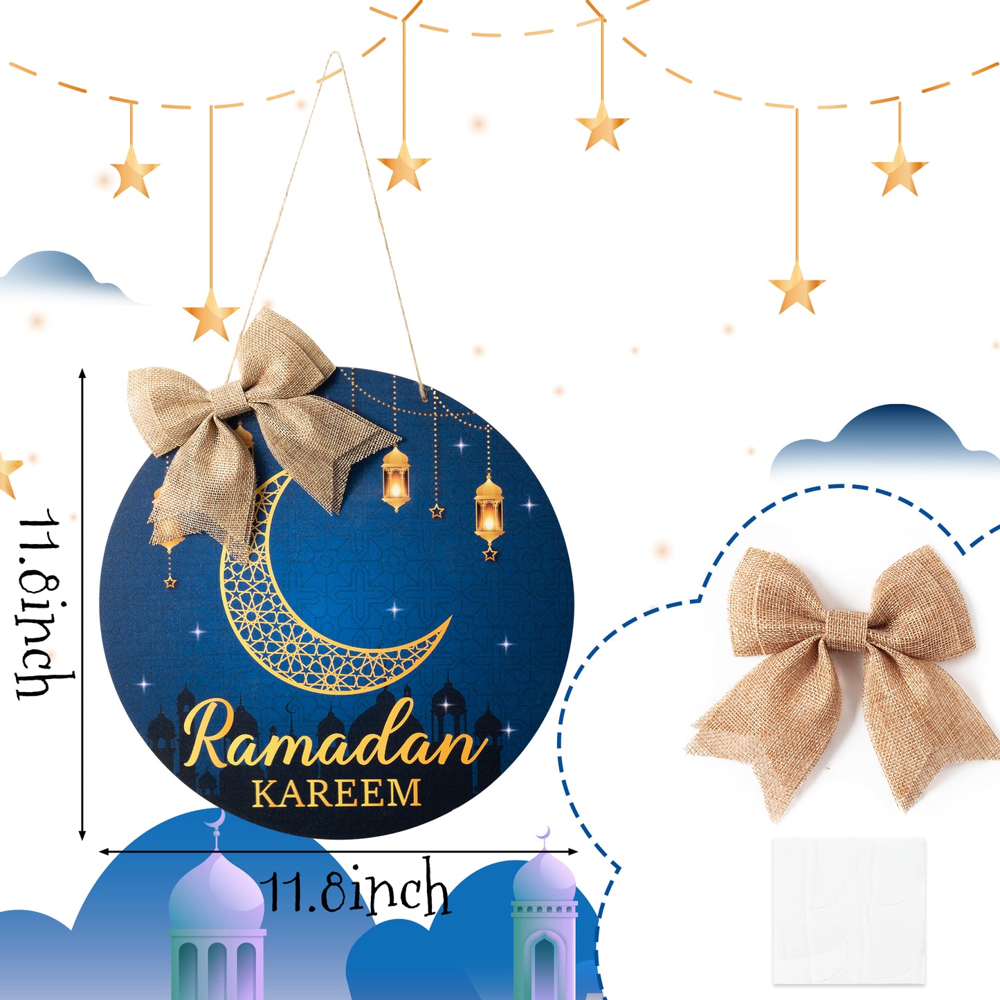 Ramadan Kareem Wreath Wooden Hanging Door Sign Decorations Eid Mubarak Wood Hanging Signs Eid Mubarak Moon Ornament Wall Door Window Decor Party Supplies(Cotton linen bow included)