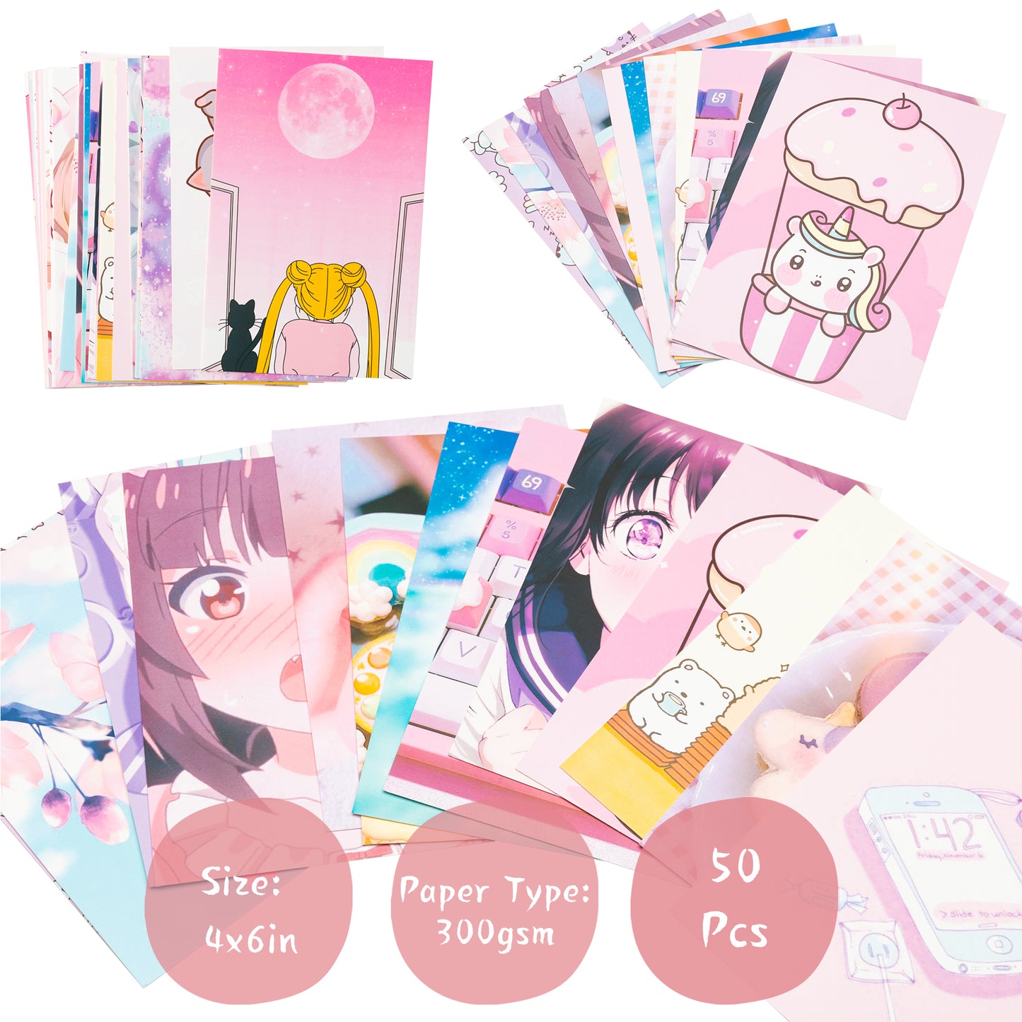 50pcs Kawai Anime Aesthetic Picture Wall Collage Kit, Pink Cartoon Assembled Print Card Set, Dorm Photo Poster Display, Trendy Style Art Print Photo Collection, Sweet Room Cute Decor For Teen Girls