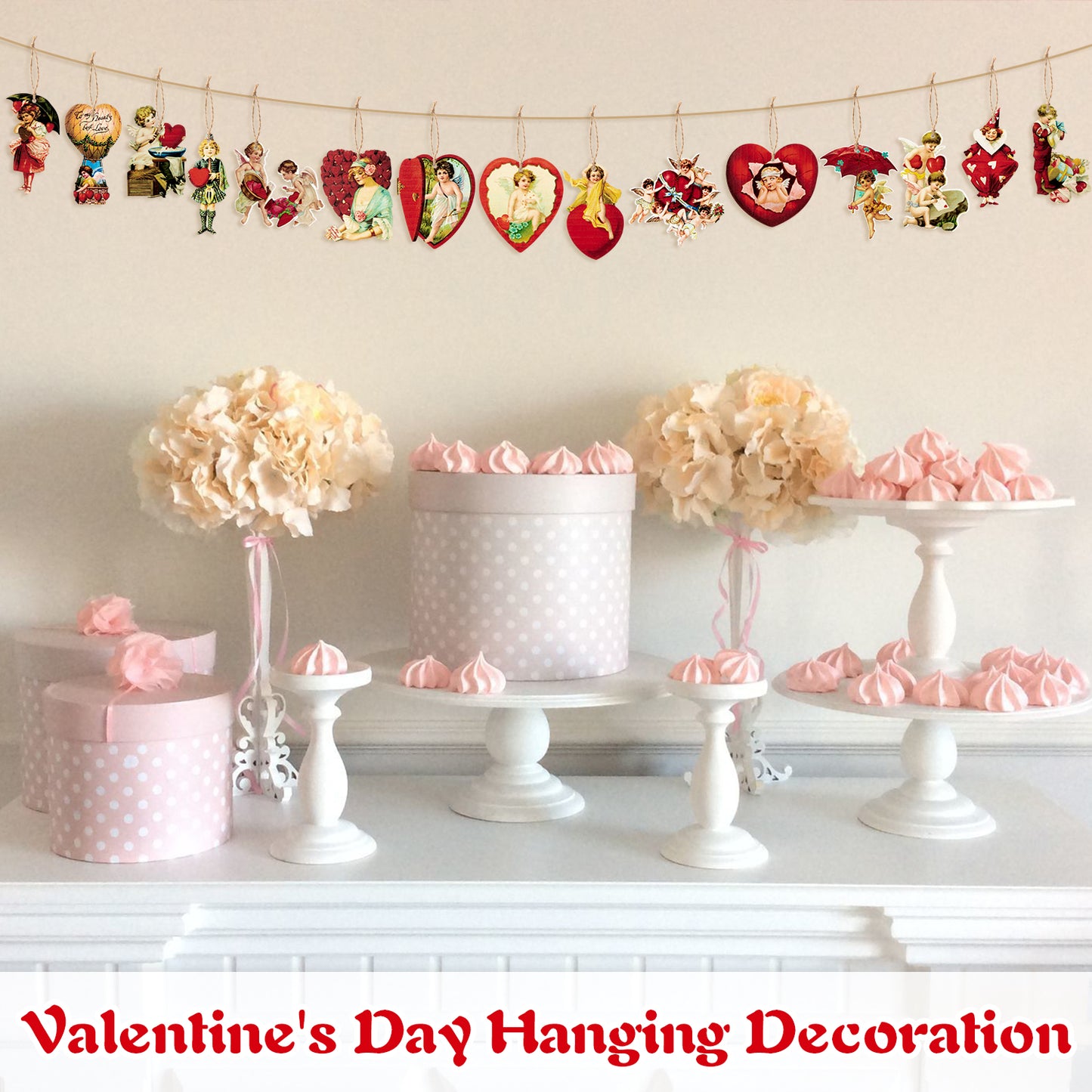 46Pcs Valentine's Day Vintage Wooden Hanging Ornament Decorations, Valentine Heart Shape Gnome Cupid Victoria Style Hanging Decoration, Wedding Anniversary Engagement Decor Party Supplies Gift…